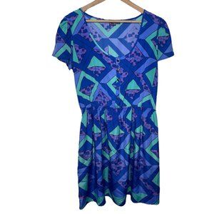 👗HELLO KITTY | Blue & Purple Sanrio Geometric Print Dress with Pockets |Size XL